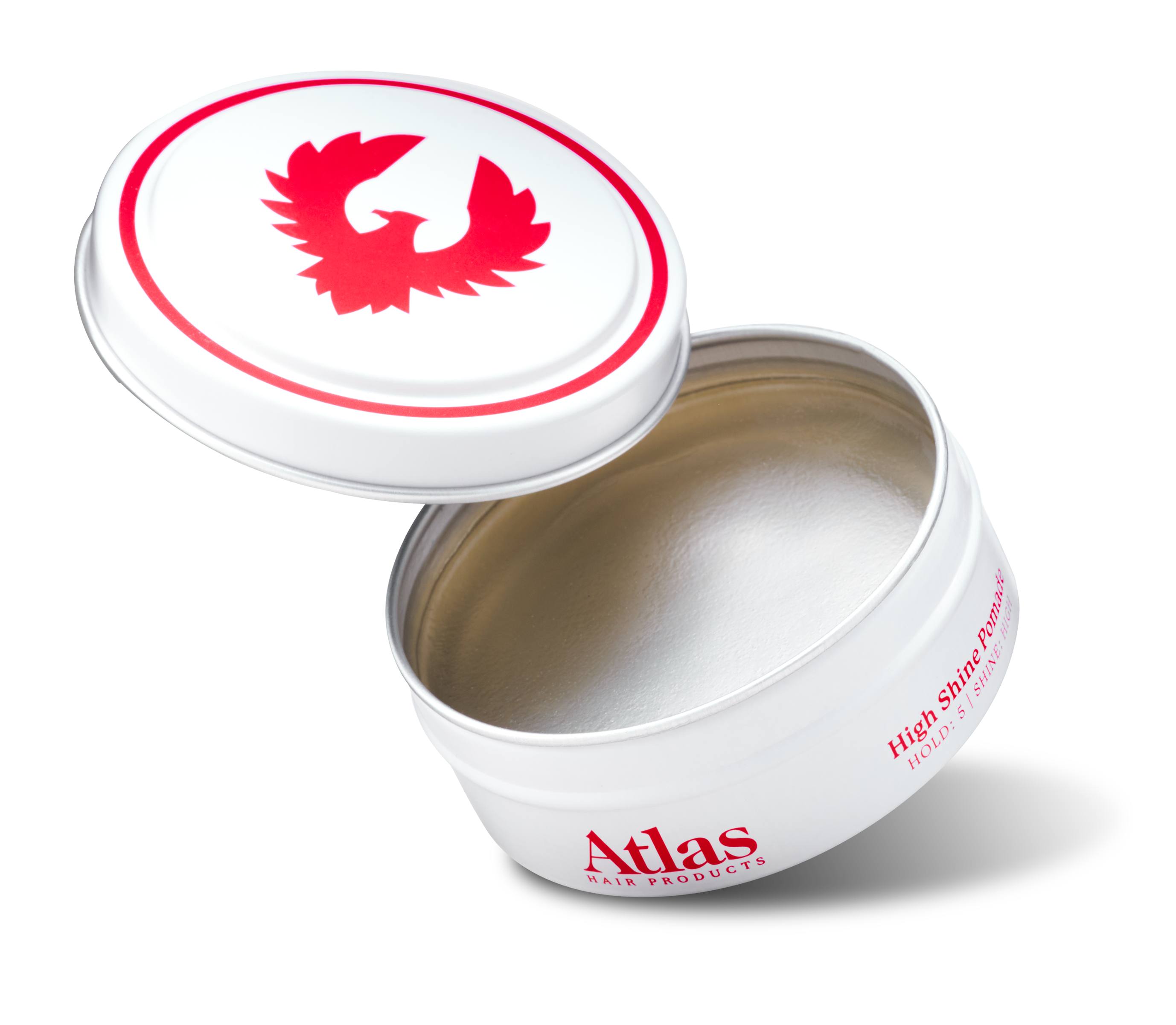 Open can of Atlas High Shine Pomade hair styling product for men.