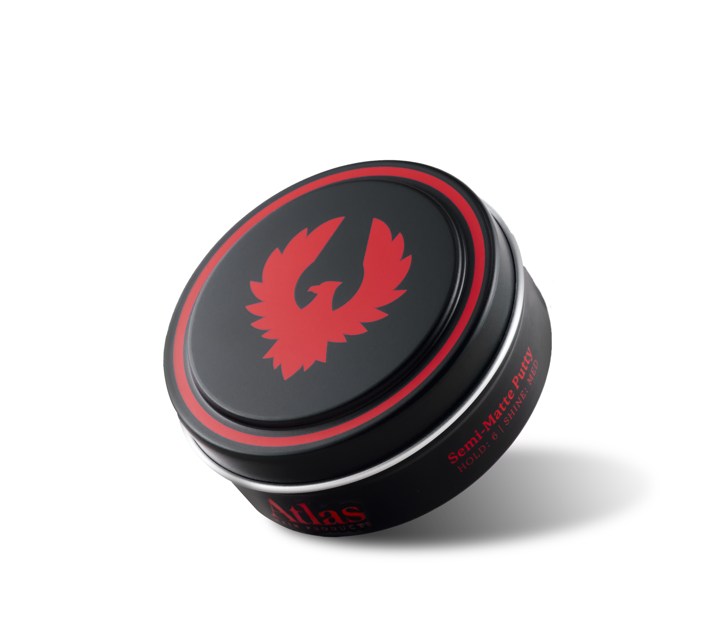 Can of Atlas Semi Matte Putty hair styling product for men.