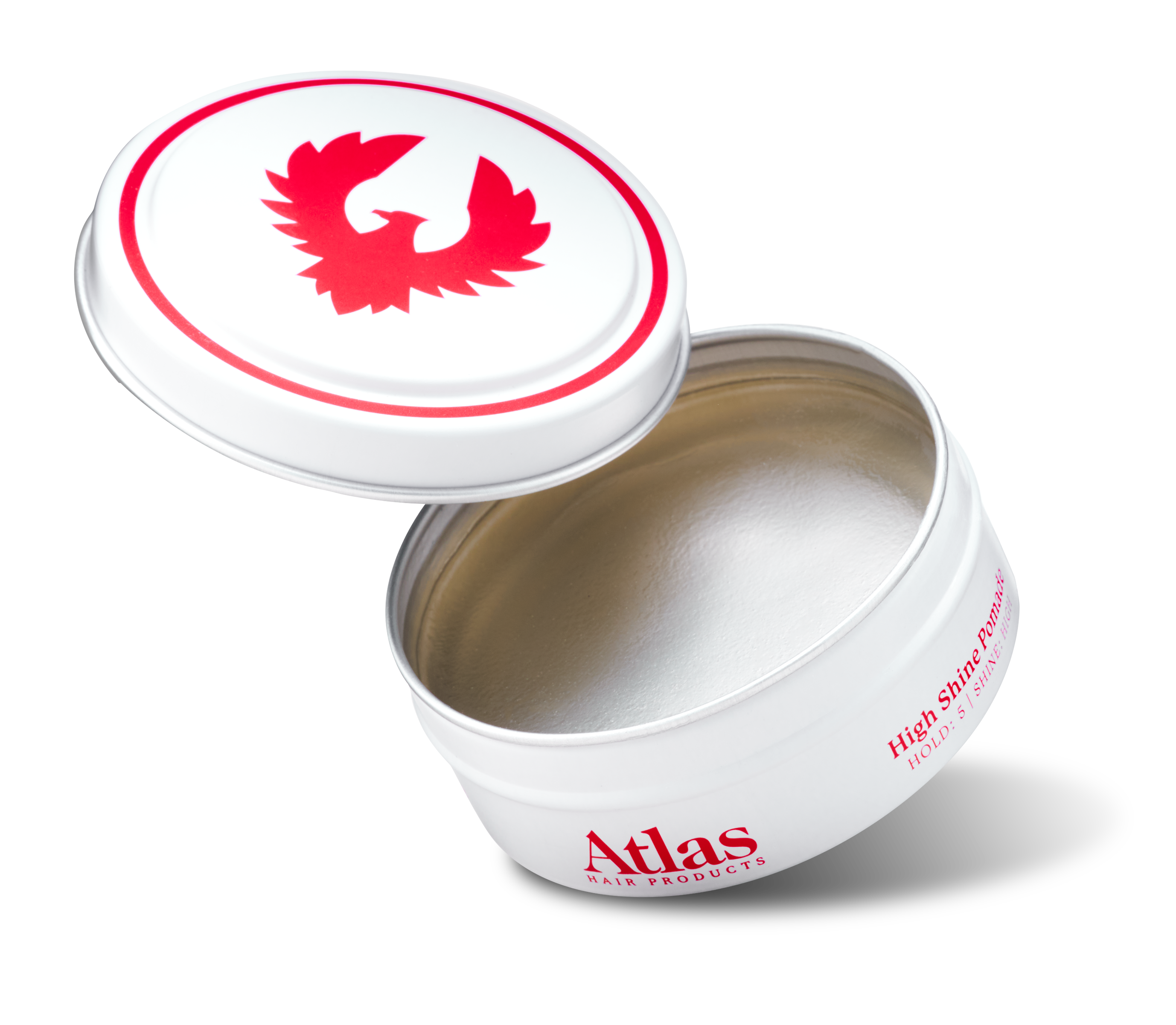 Open can of Atlas High Shine Pomade hair styling product for men.