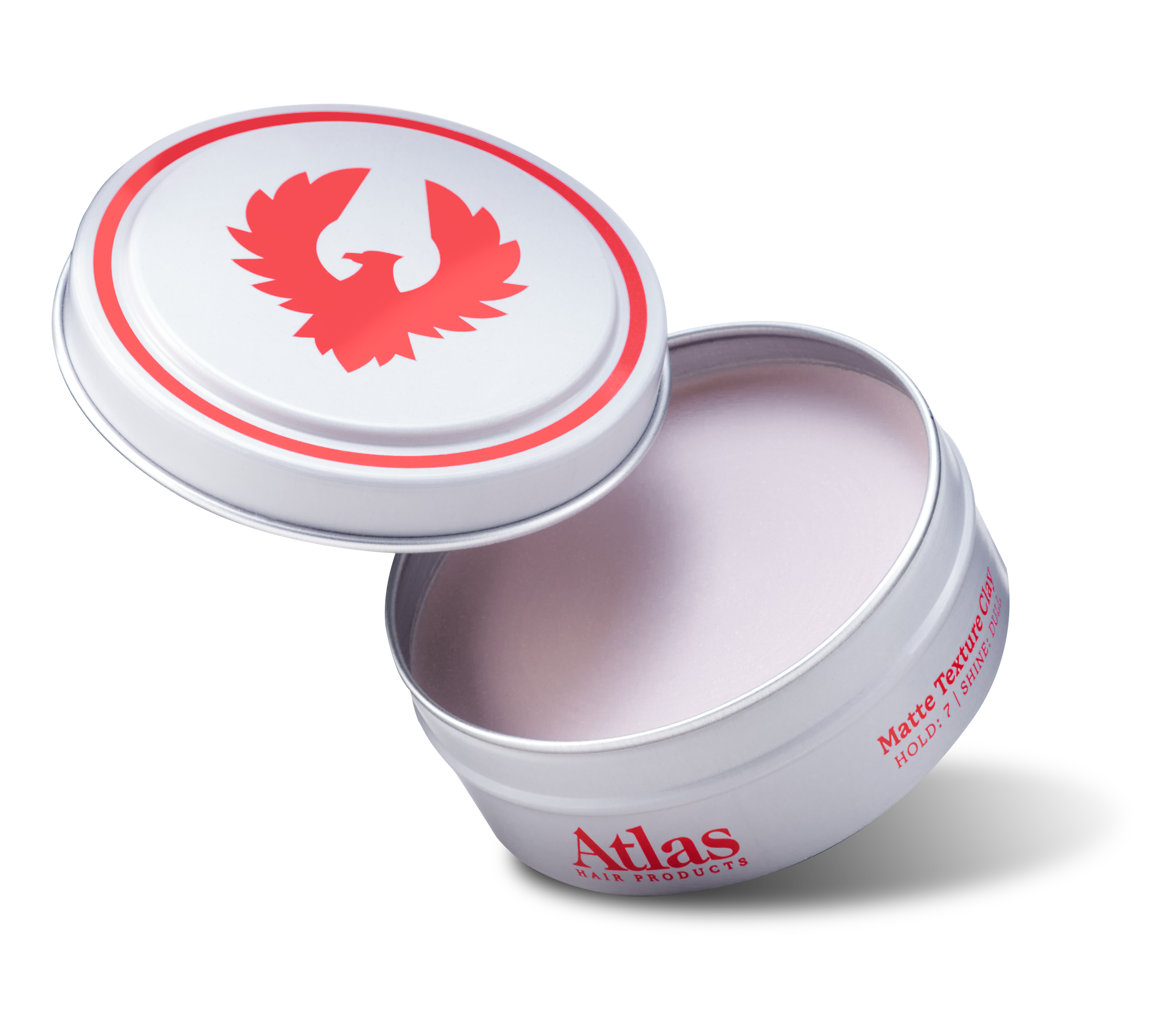 Open can of Atlas Matte Texture Clay hair styling product for men.
